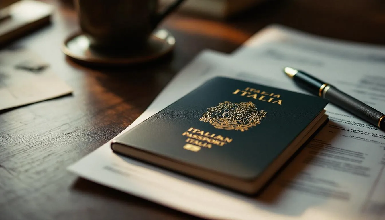 Italian passport and official residency documents on a desk