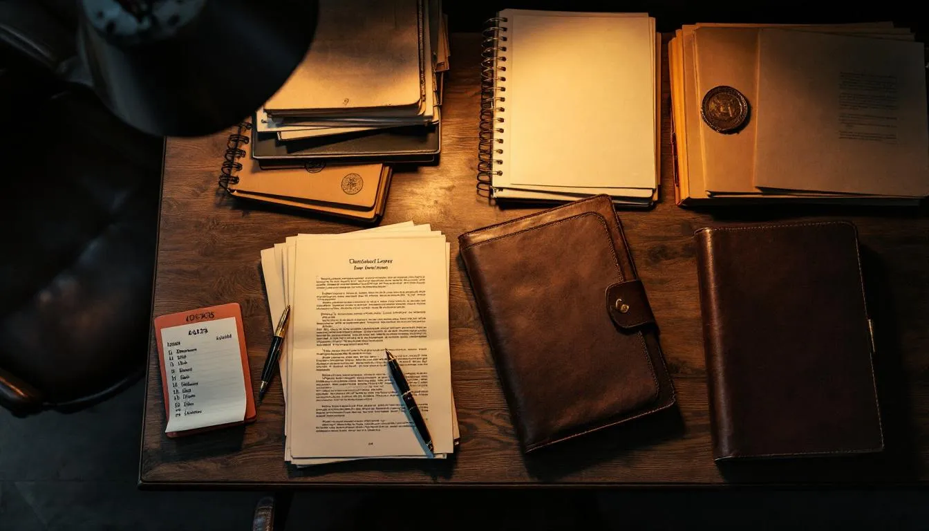 Documents and folders on a desk under low lamplight, suggesting careful project planning