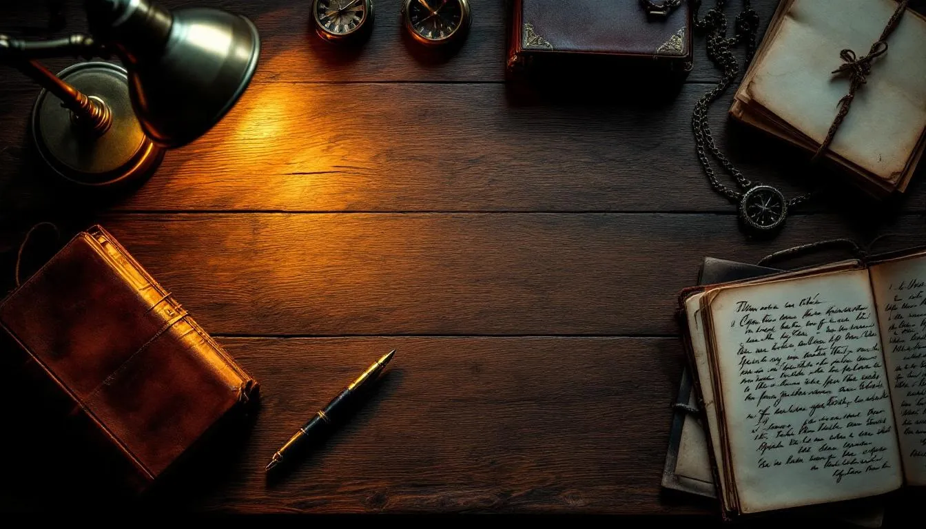 Top-down view of an analytical desk with Central European archival research materials, leather portfolio, fountain pen, brass compass, single warm lamp light