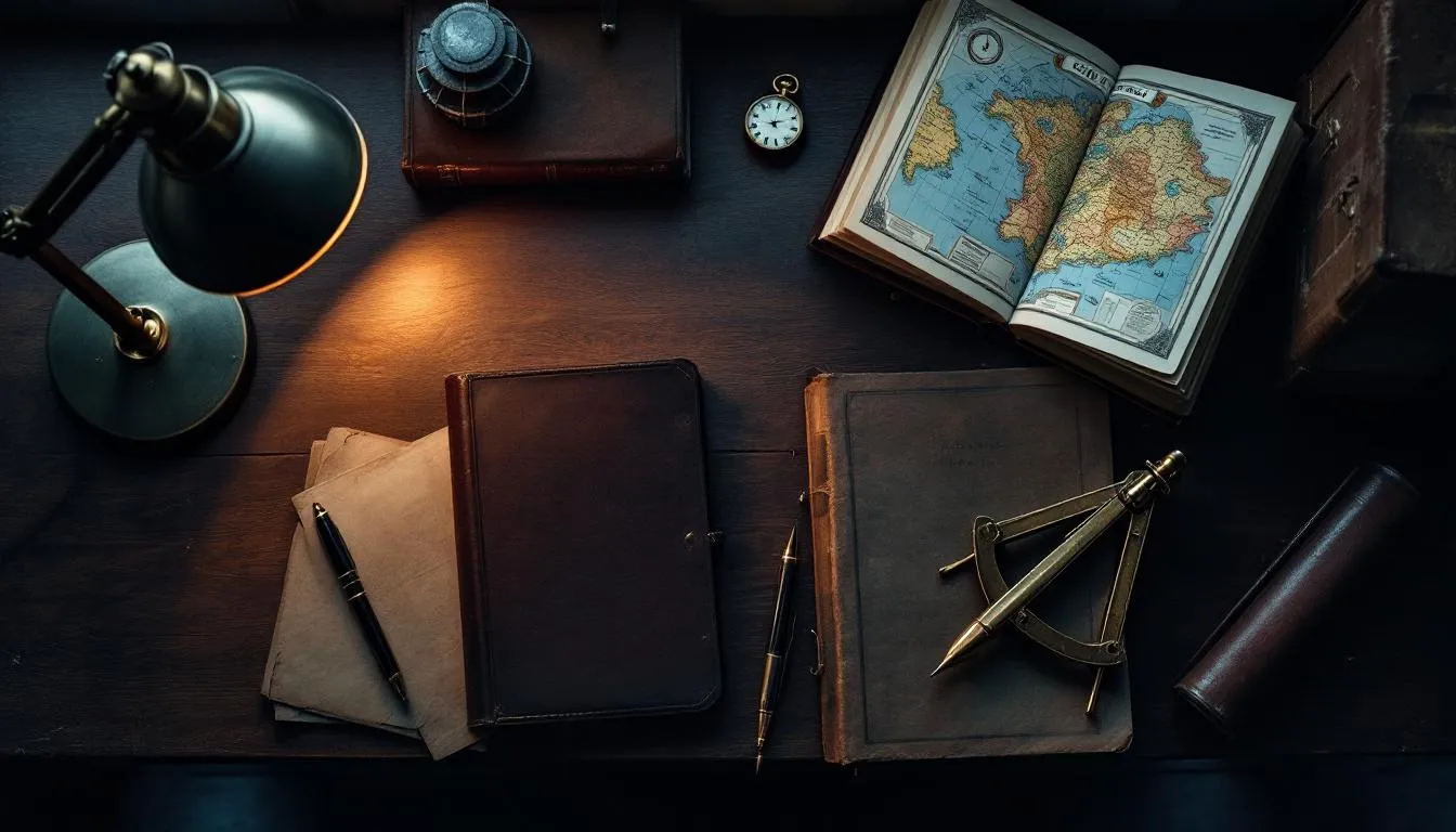 Top-down view of an analytical desk with archival research materials, leather portfolio, fountain pen, brass compass, single warm lamp light