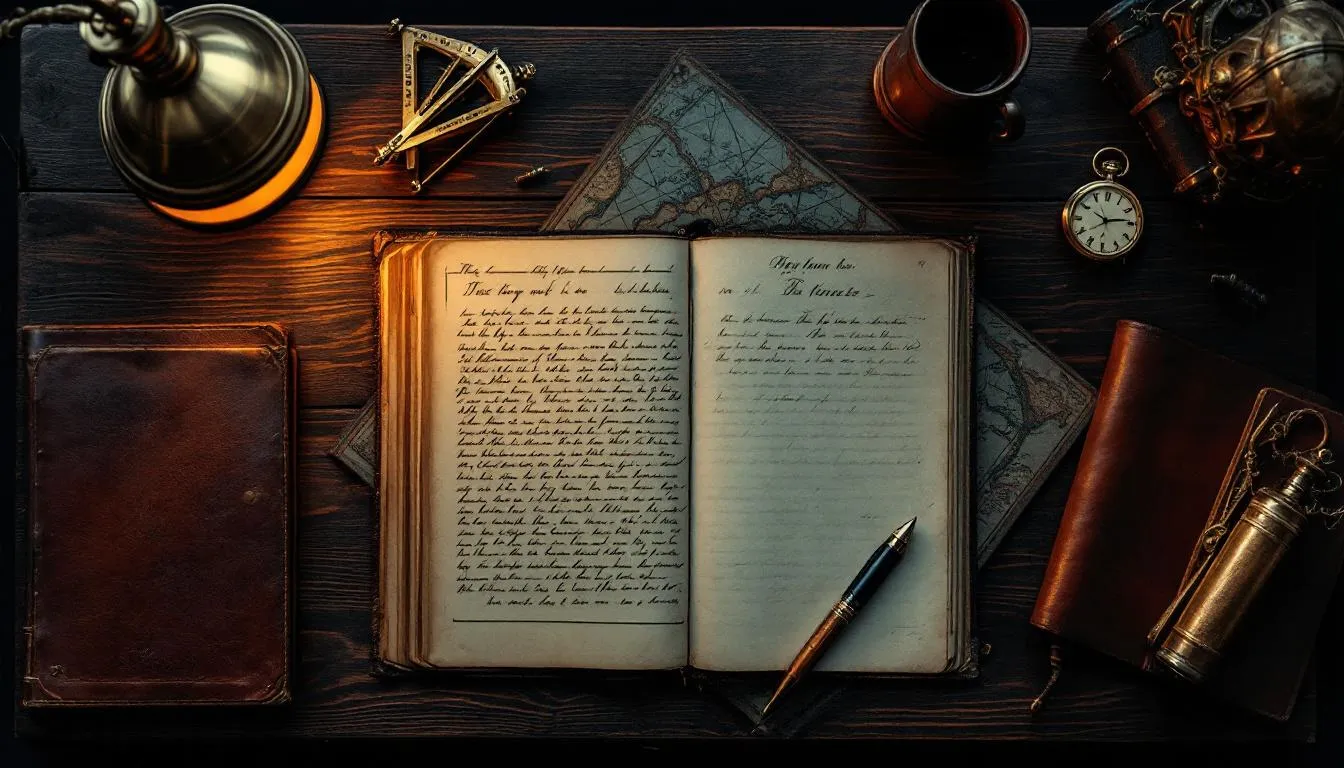 Top-down view of an analytical desk with European archival research materials, leather portfolio, fountain pen, single warm lamp light