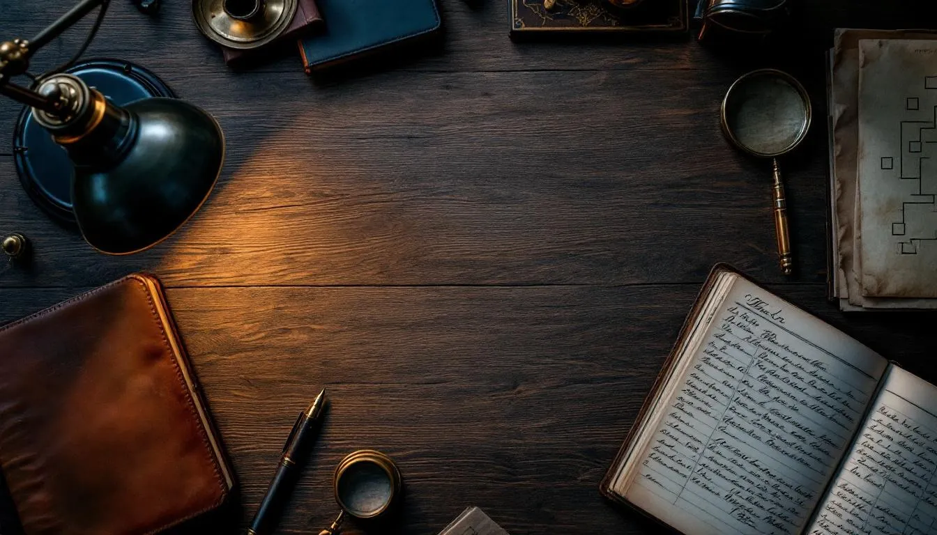 Top-down view of an analytical desk with Irish genealogical research materials, leather portfolio, fountain pen, single warm lamp light