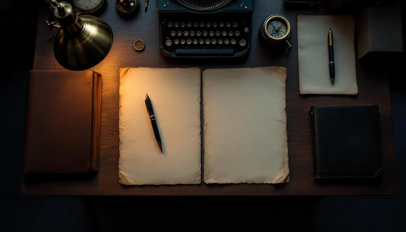 Top-down view of an analytical desk with archival research materials, leather portfolio, fountain pen, single warm lamp light