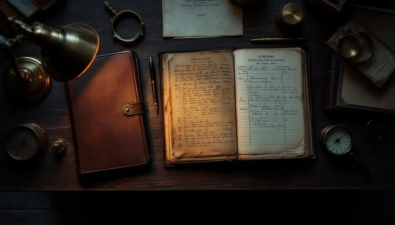 Top-down view of an analytical desk with Iberian archival research materials, leather portfolio, fountain pen, single warm lamp light