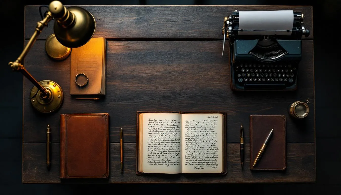 Top-down view of an analytical desk with archival research materials, leather portfolio, fountain pen, single warm lamp light