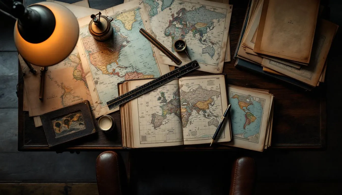 Vintage maps of multiple countries spread across a desk under low lamplight, suggesting structured analysis of multiple jurisdictions