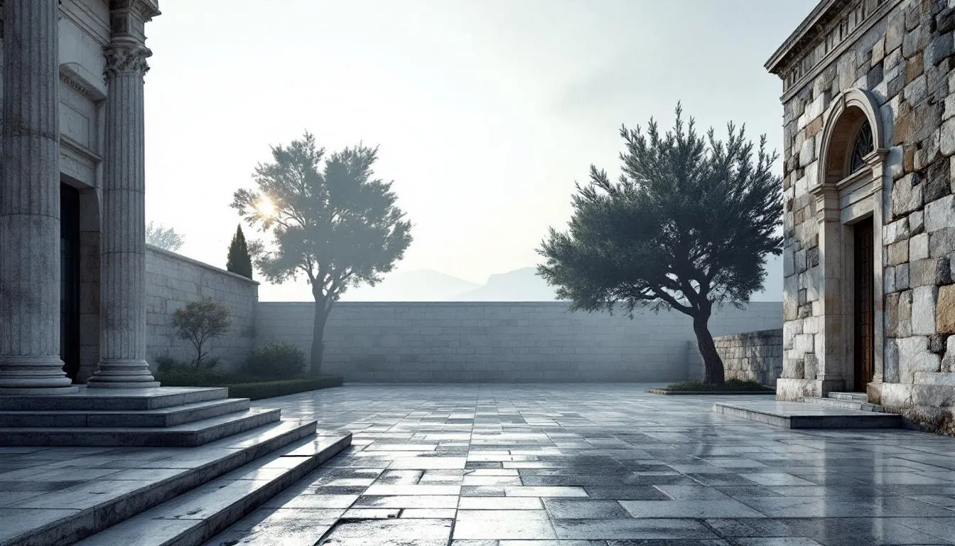 Empty stone courtyard with classical Greek architecture and olive trees