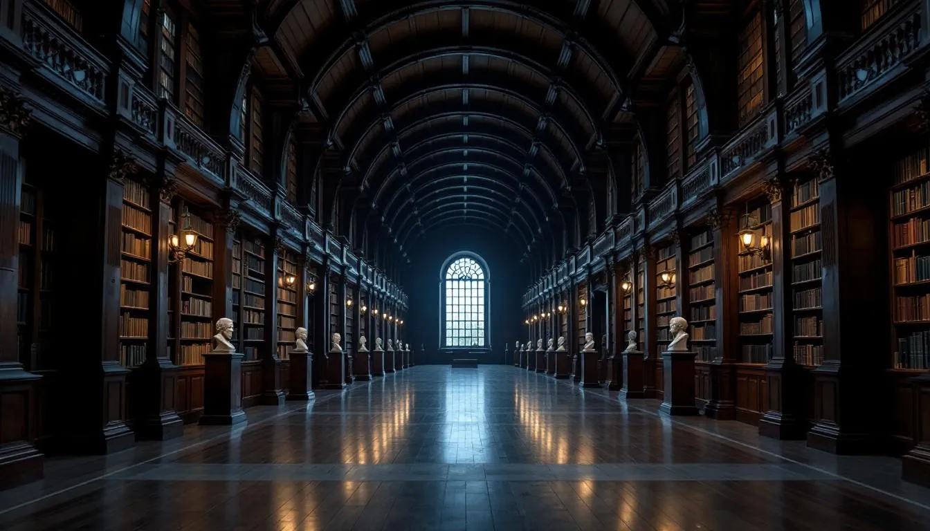 Empty Trinity College Dublin Long Room library at low light, classical oak interior with marble busts on plinths