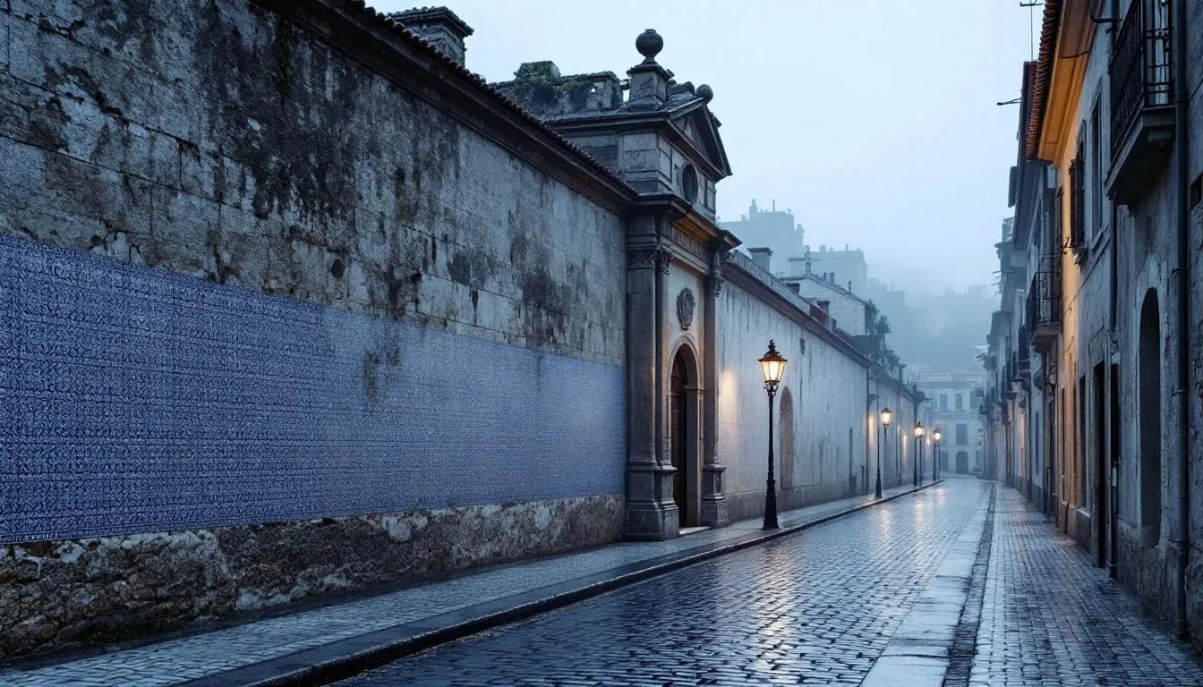 Empty Portuguese street with azulejo tile wall, weathered limestone, and wet cobblestones at dawn