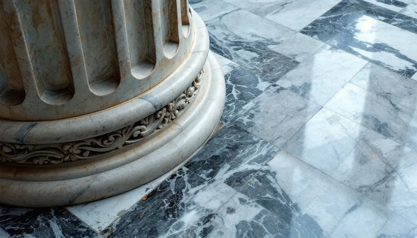 Architectural detail of weathered Spanish limestone column base on patterned marble floor