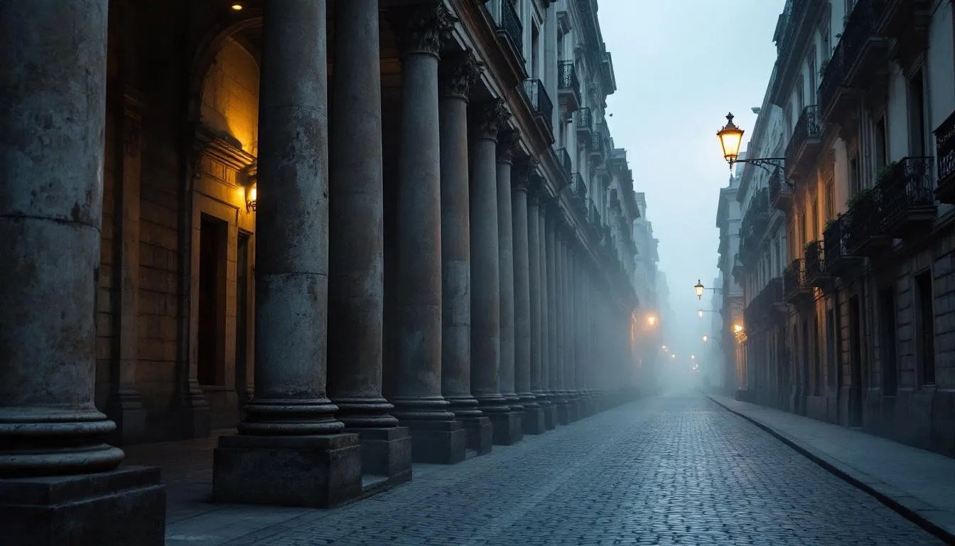 Empty colonnaded street in Montevideo Old City at pre-dawn, neoclassical columns and fog